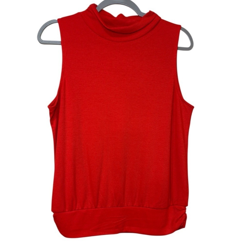 Evereve‎ Womens Mock Neck Sleeveless Ribbed Top Red Large Classic Office